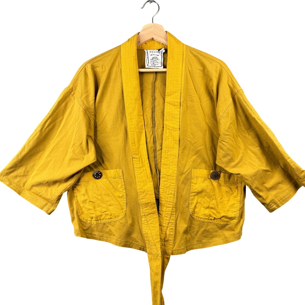 Psylo Mustard Yellow Organic Cotton Kimono Wrap Jacket Bali Boho Festival S/M